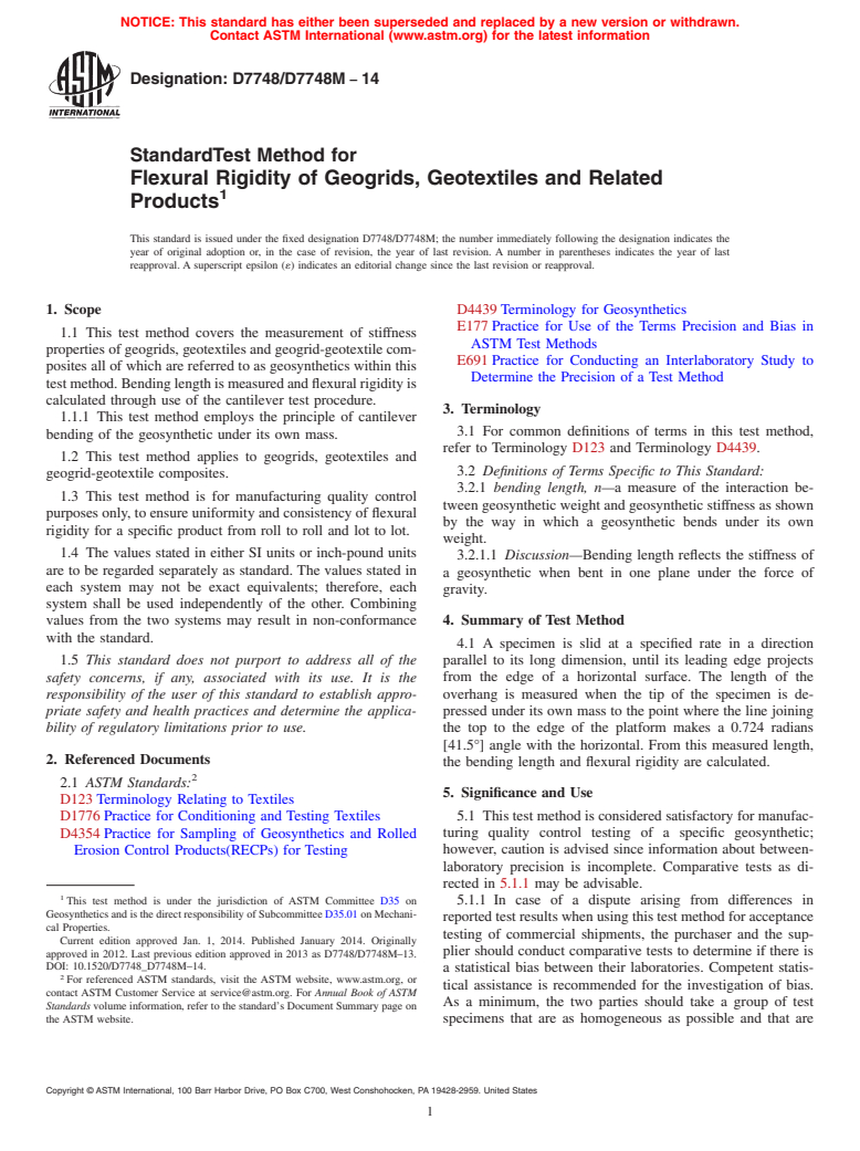 ASTM D7748/D7748M-14 - Standard Test Method for  Flexural Rigidity of Geogrids, Geotextiles and Related Products