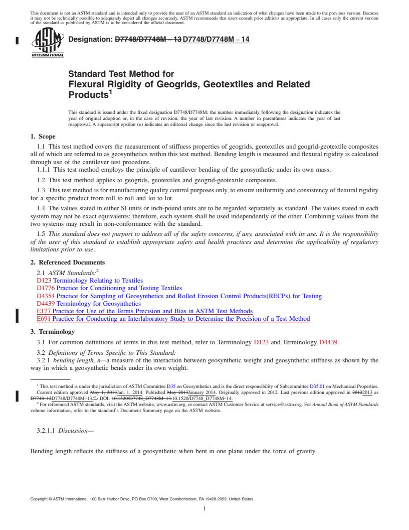 REDLINE ASTM D7748/D7748M-14 - Standard Test Method for  Flexural Rigidity of Geogrids, Geotextiles and Related Products