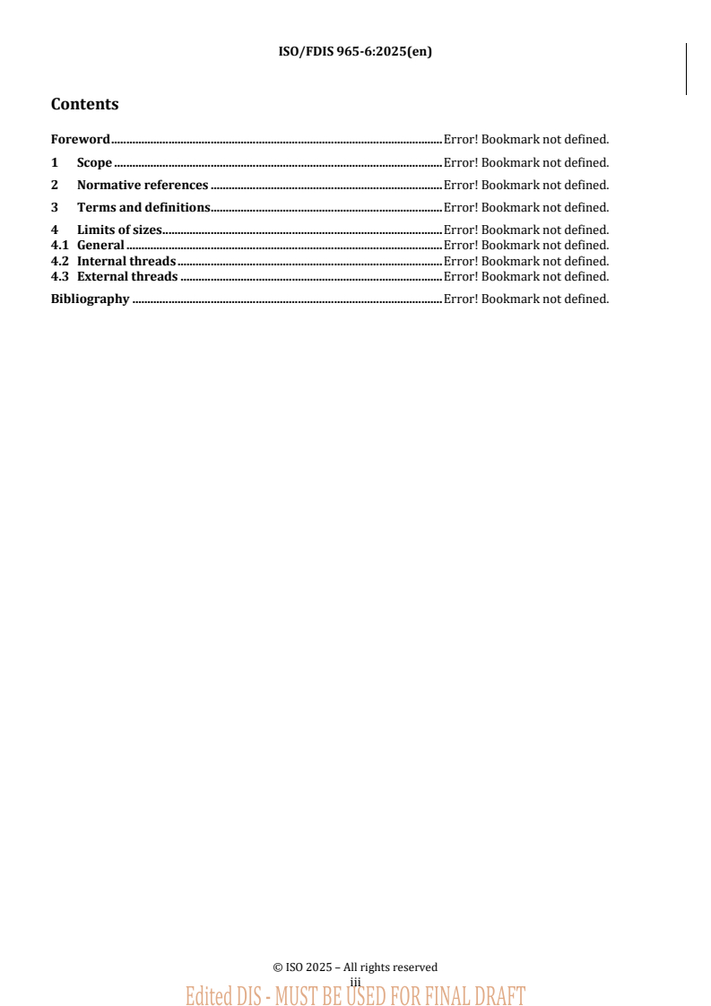 REDLINE ISO/FDIS 965-6 - ISO general purpose metric screw threads — Tolerances — Part 6: Limits of sizes for internal and external threads (fine and medium tolerance qualities, first and second choices)
Released:8. 04. 2025