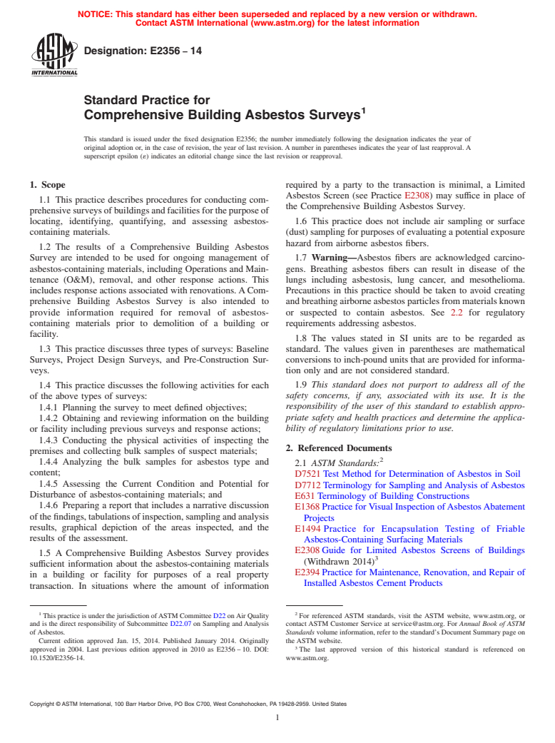 ASTM E2356-14 - Standard Practice for  Comprehensive Building Asbestos Surveys