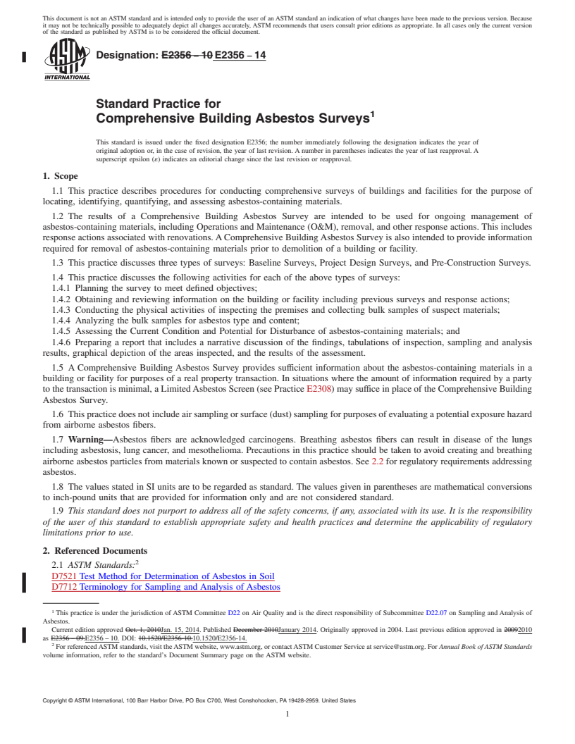 REDLINE ASTM E2356-14 - Standard Practice for  Comprehensive Building Asbestos Surveys