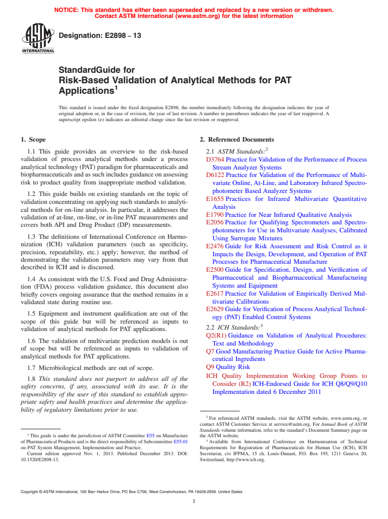 ASTM E2898-13 - Standard Guide for Risk-Based Validation of Analytical Methods for PAT Applications