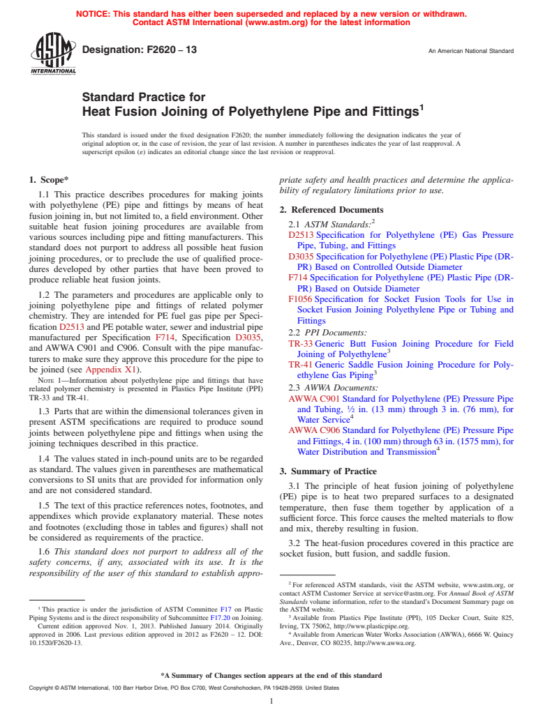 ASTM F2620-13 - Standard Practice for  Heat Fusion Joining of Polyethylene Pipe and Fittings