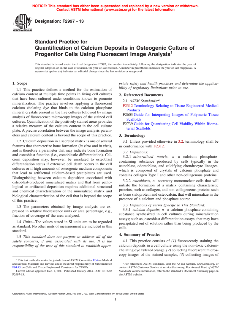 ASTM F2997-13 - Standard Practice for Quantification of Calcium Deposits in Osteogenic Culture of  Progenitor Cells Using Fluorescent Image Analysis