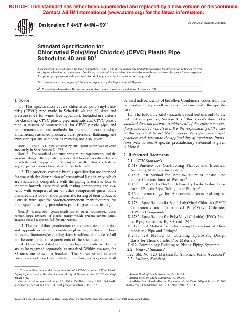ASTM F441/F441M-99e1 - Standard Specification for Chlorinated Poly(Vinyl Chloride) (CPVC) Plastic Pipe, Schedules 40 and 80
