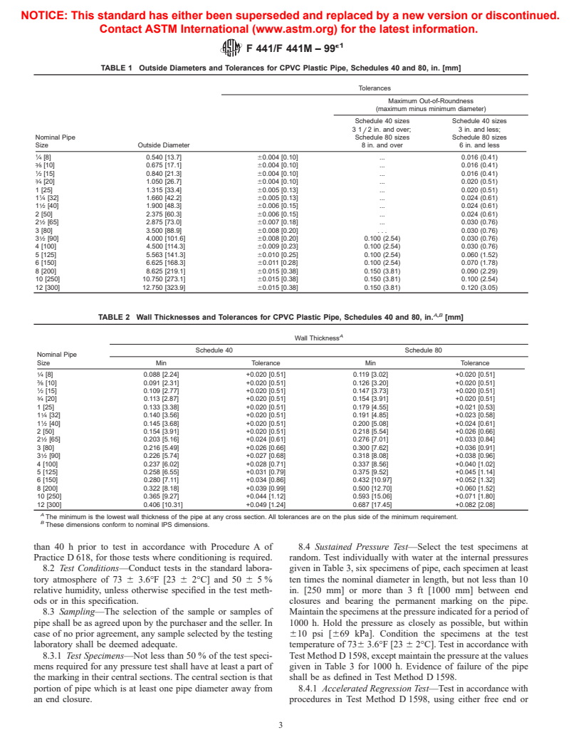 ASTM F441/F441M-99e1 - Standard Specification for Chlorinated Poly(Vinyl Chloride) (CPVC) Plastic Pipe, Schedules 40 and 80