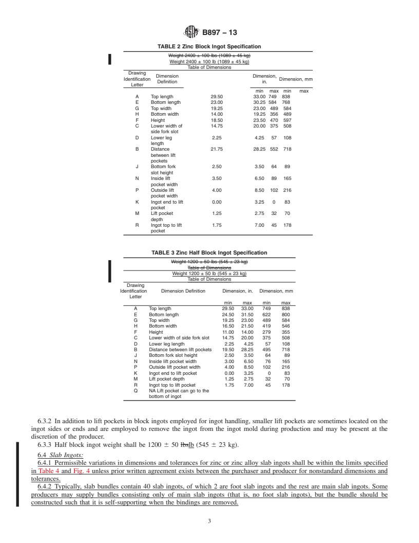 REDLINE ASTM B897-13 - Standard Specification for Configuration of Zinc and Zinc Alloy Jumbo, Block, Half Block,  and Slab Ingot