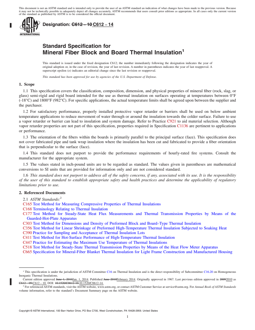 REDLINE ASTM C612-14 - Standard Specification for  Mineral Fiber Block and Board Thermal Insulation