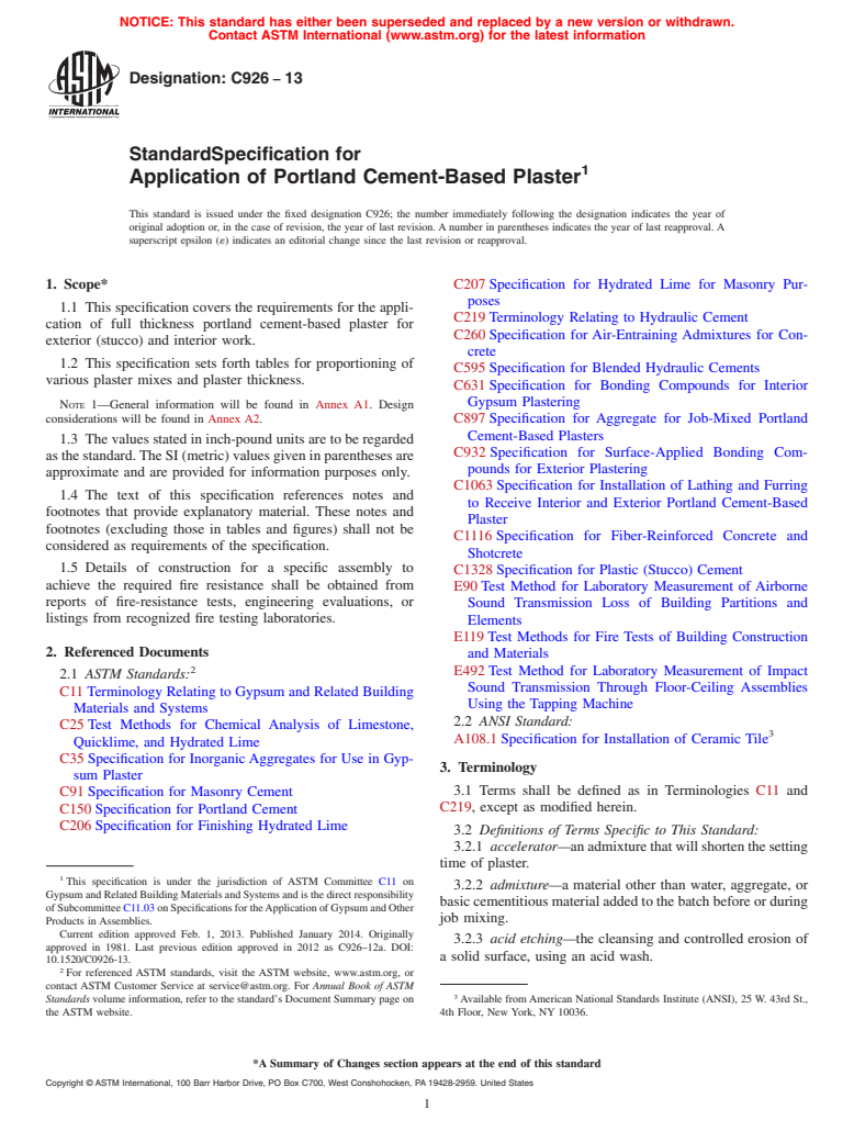 ASTM C926-13 - Standard Specification for  Application of Portland Cement-Based Plaster