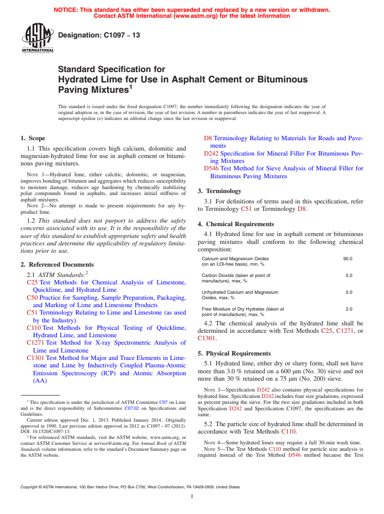 ASTM C1097-13 - Standard Specification for  Hydrated Lime for Use in Asphalt Cement or Bituminous Paving  Mixtures