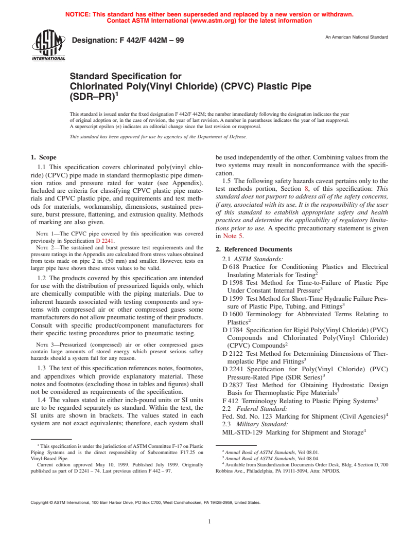 ASTM F442/F442M-99 - Standard Specification for Chlorinated Poly(Vinyl Chloride) (CPVC) Plastic Pipe (SDR-PR)