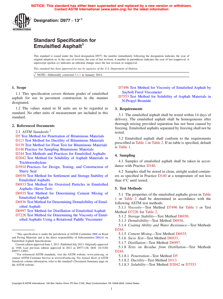 ASTM D977-13e1 - Standard Specification for  Emulsified Asphalt