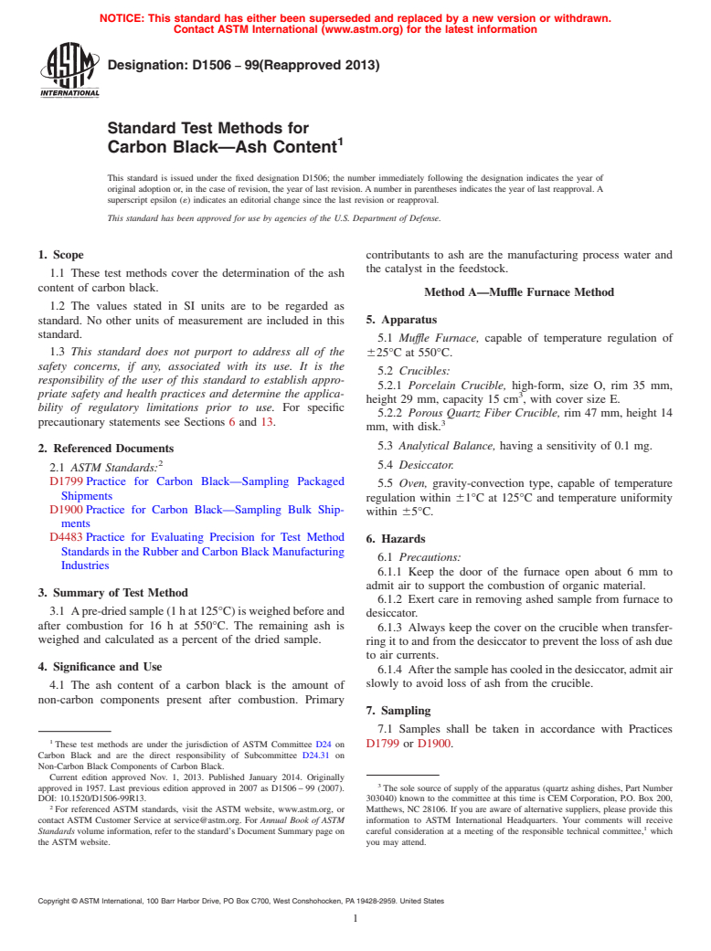 ASTM D1506-99(2013) - Standard Test Methods for  Carbon Black&mdash;Ash Content