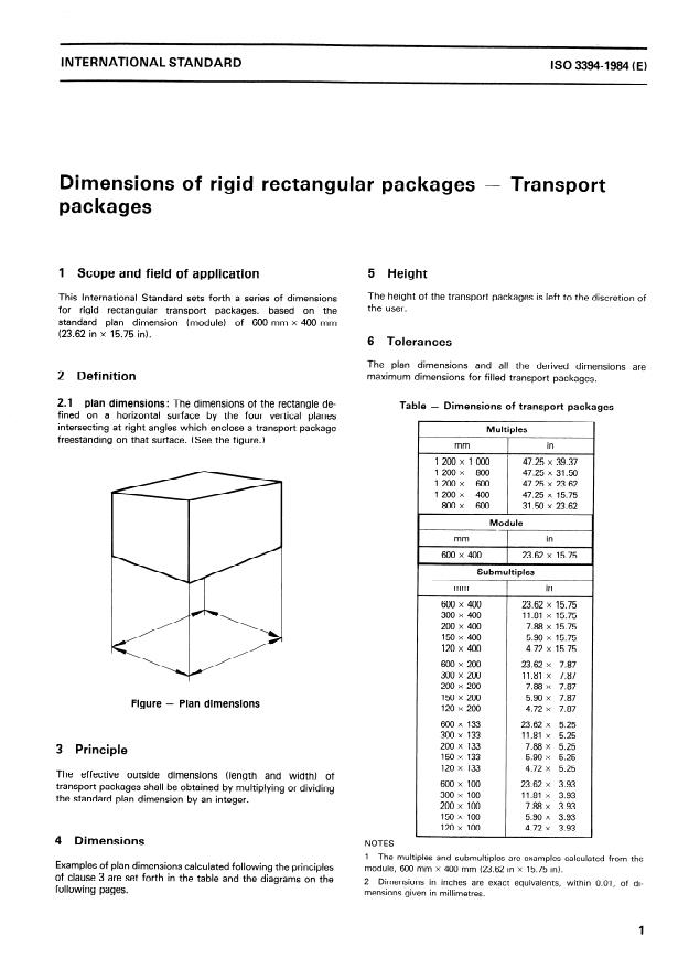 ISO 3394:1984 - Dimensions of rigid rectangular packages -- Transport packages