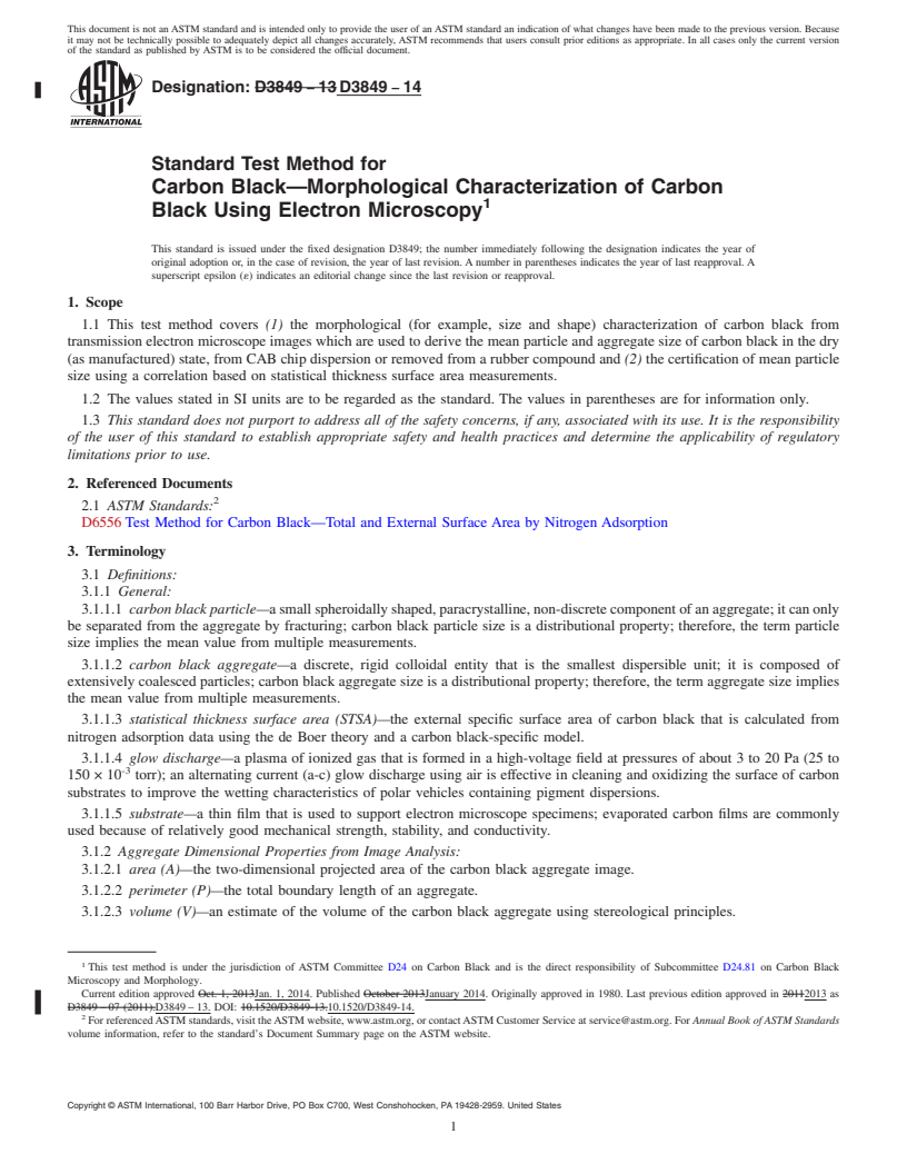 REDLINE ASTM D3849-14 - Standard Test Method for  Carbon Black&mdash;Morphological Characterization of Carbon  Black Using Electron Microscopy