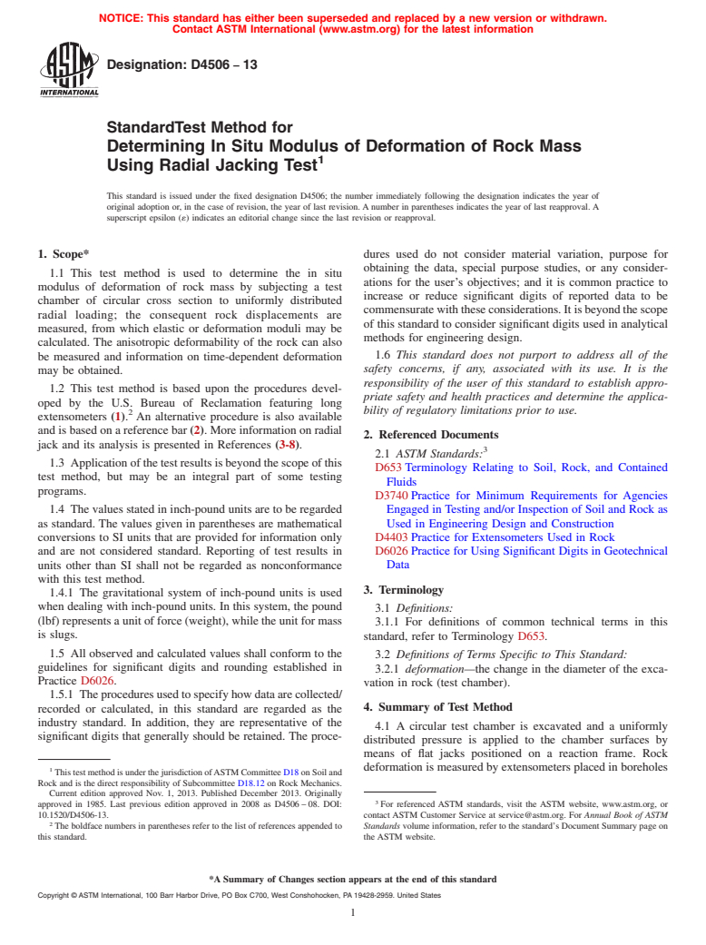 ASTM D4506-13 - Standard Test Method for  Determining In Situ Modulus of Deformation of Rock Mass Using  Radial Jacking Test