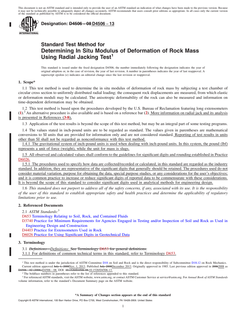 REDLINE ASTM D4506-13 - Standard Test Method for  Determining In Situ Modulus of Deformation of Rock Mass Using  Radial Jacking Test