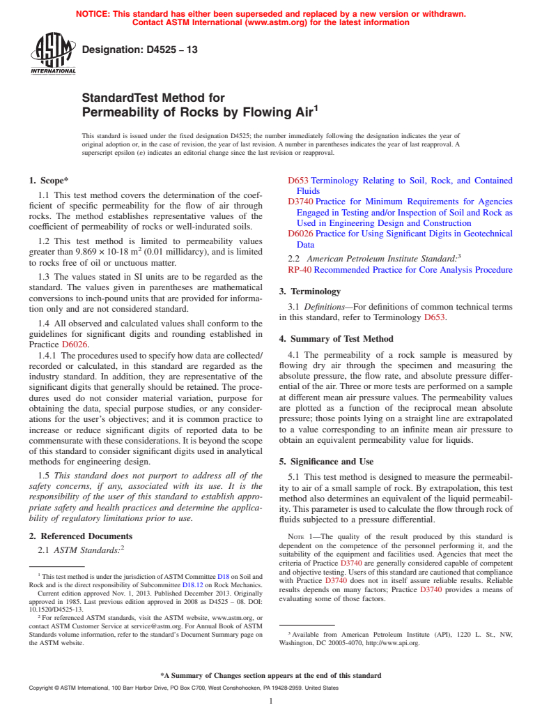 ASTM D4525-13 - Standard Test Method for  Permeability of Rocks by Flowing Air