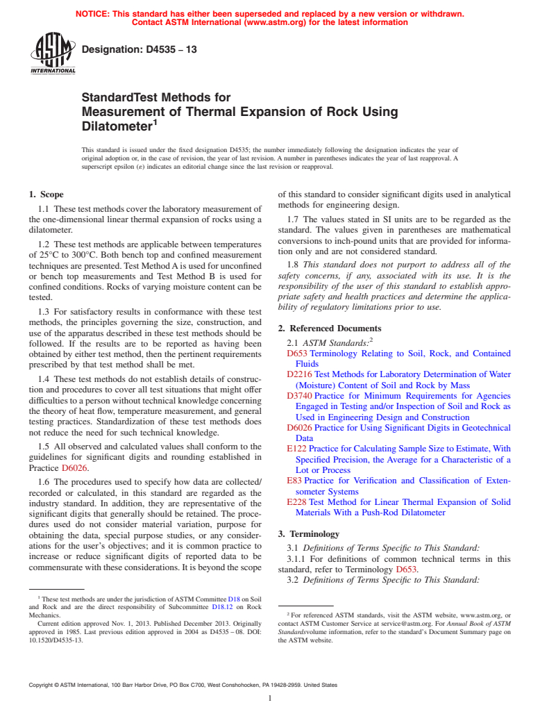 ASTM D4535-13 - Standard Test Methods for  Measurement of Thermal Expansion of Rock Using Dilatometer