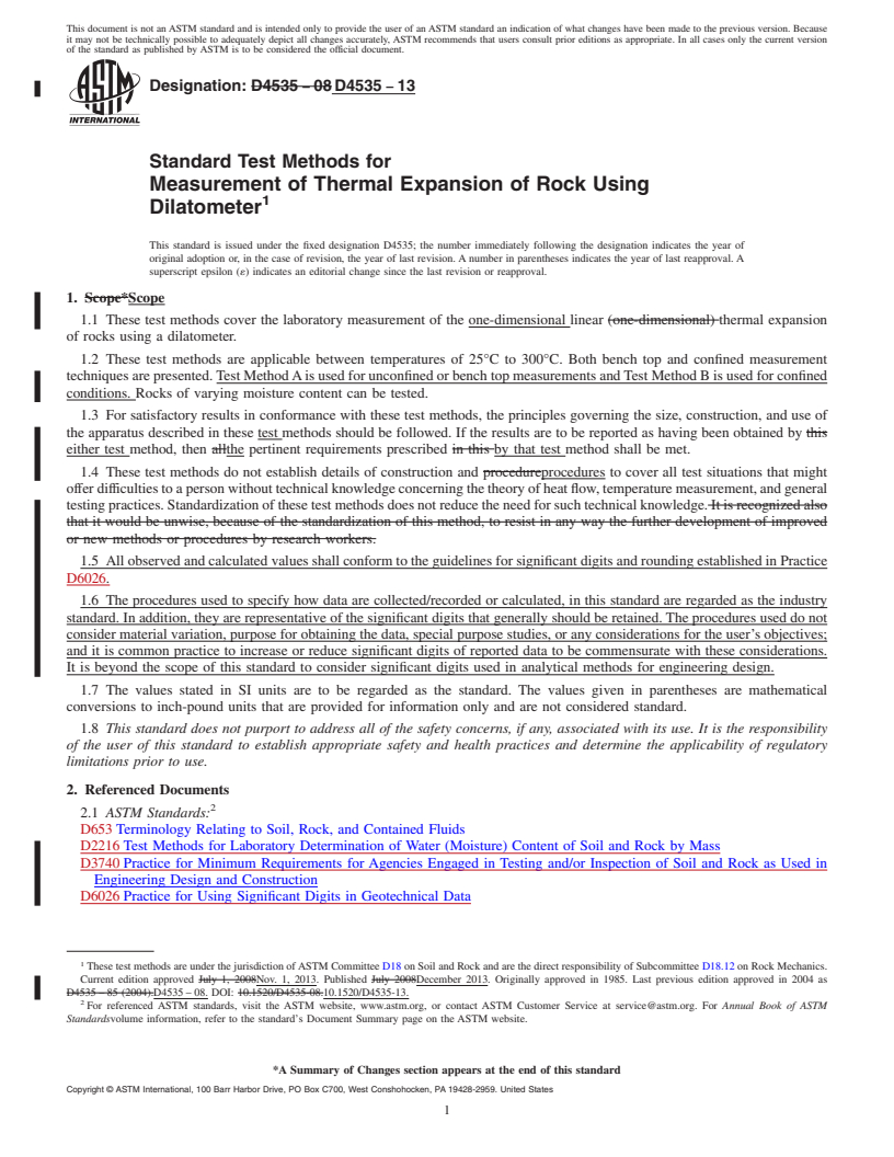 REDLINE ASTM D4535-13 - Standard Test Methods for  Measurement of Thermal Expansion of Rock Using Dilatometer