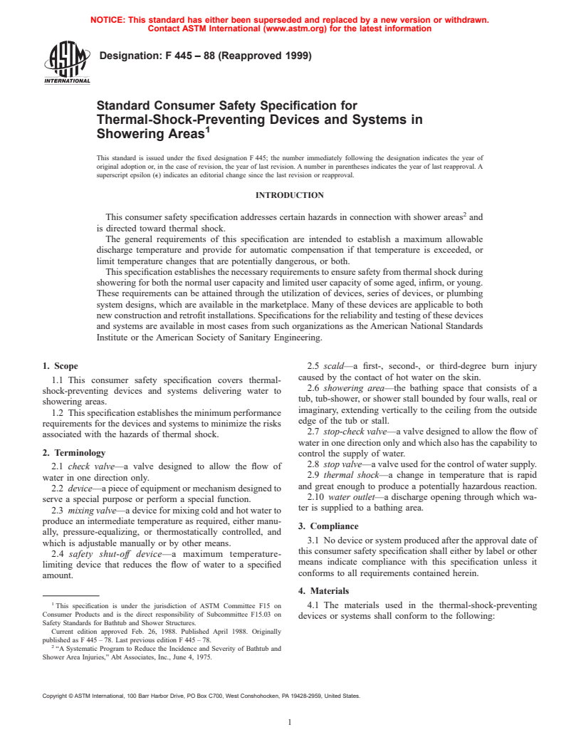 ASTM F445-88(1999) - Consumer Safety Specification for Thermal-Shock-Preventing Devices and Systems in Showering Areas