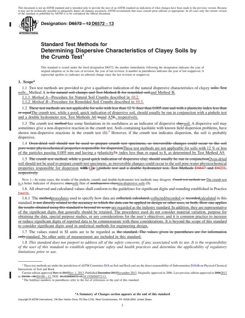 REDLINE ASTM D6572-13 - Standard Test Methods for Determining Dispersive Characteristics of Clayey Soils by the  Crumb Test