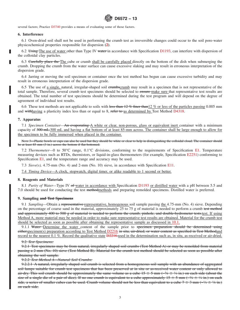 REDLINE ASTM D6572-13 - Standard Test Methods for Determining Dispersive Characteristics of Clayey Soils by the  Crumb Test