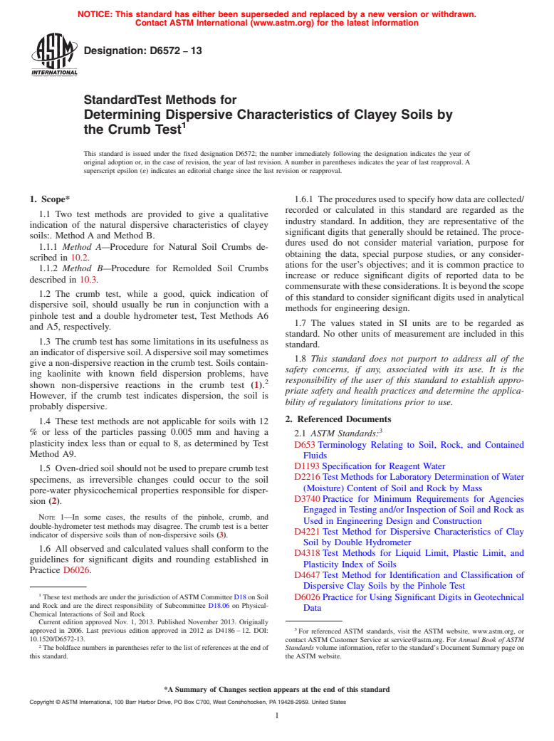 ASTM D6572-13 - Standard Test Methods for Determining Dispersive Characteristics of Clayey Soils by the  Crumb Test