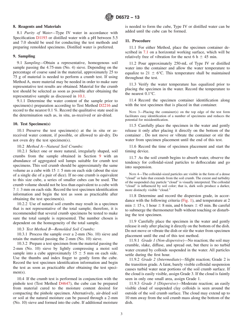 ASTM D6572-13 - Standard Test Methods for Determining Dispersive Characteristics of Clayey Soils by the  Crumb Test