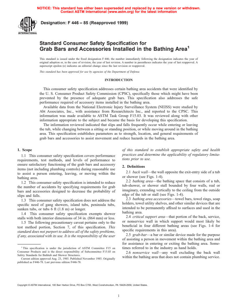 ASTM F446-85(1999) - Consumer Safety Specification for Grab Bars and Accessories Installed in the Bathing Area