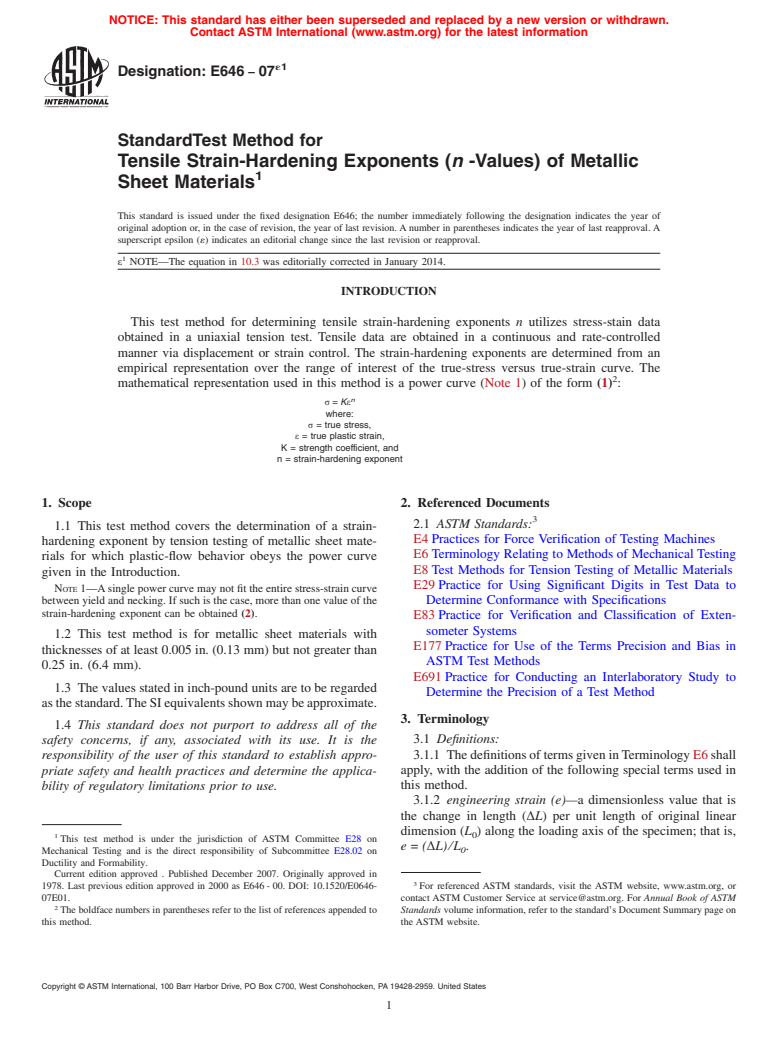 ASTM E646-07e1 - Standard Test Method for  Tensile Strain-Hardening Exponents &#40;<emph type="bdit">n</emph  > -Values&#41; of Metallic Sheet Materials