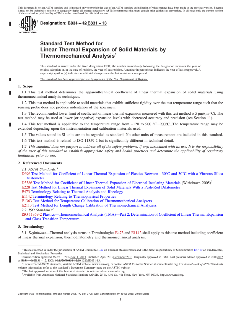 REDLINE ASTM E831-13 - Standard Test Method for  Linear Thermal Expansion of Solid Materials by Thermomechanical  Analysis