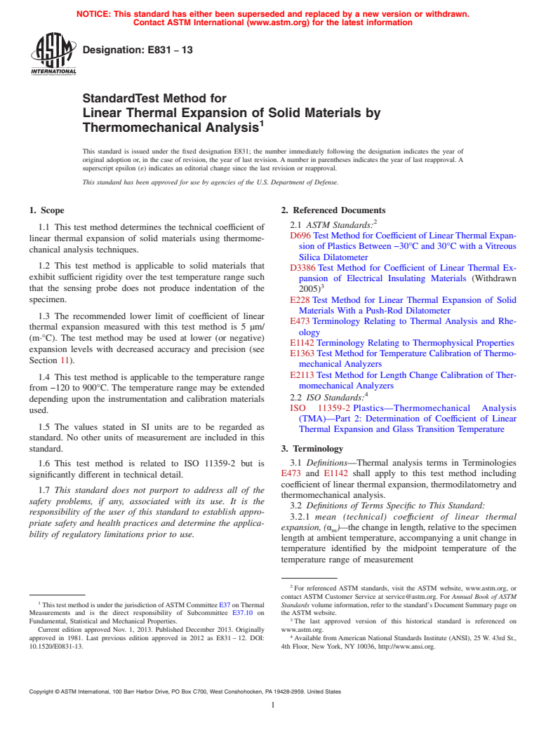 ASTM E831-13 - Standard Test Method for  Linear Thermal Expansion of Solid Materials by Thermomechanical  Analysis