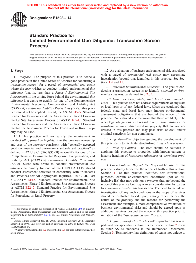 ASTM E1528-14 - Standard Practice for  Limited Environmental Due Diligence: Transaction Screen Process