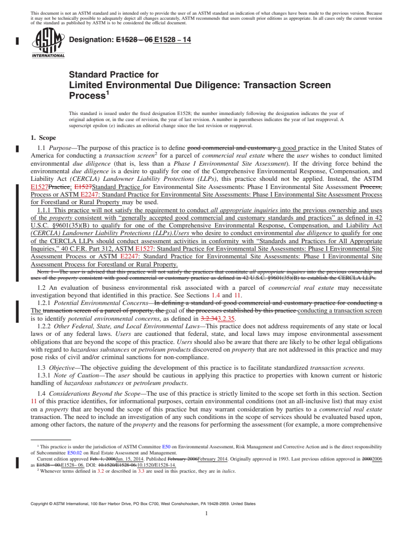 REDLINE ASTM E1528-14 - Standard Practice for  Limited Environmental Due Diligence: Transaction Screen Process