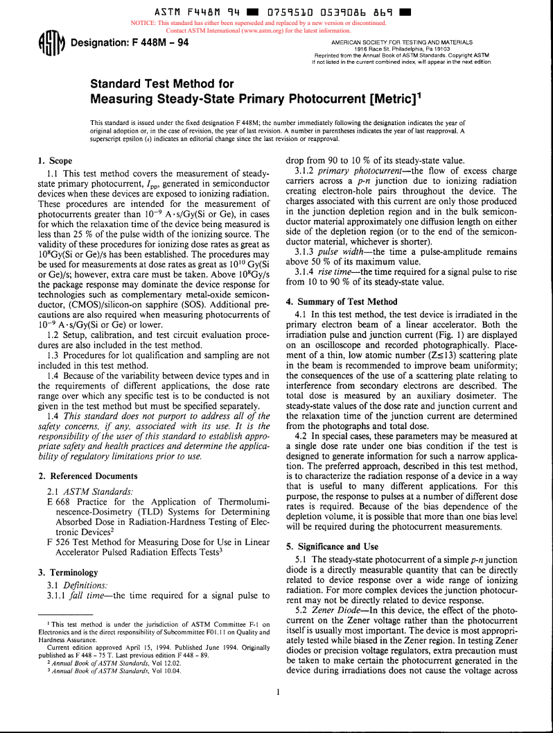 ASTM F448M-94 - Test Method for Measuring Steady-State Primary Photocurrent [Metric] (Withdrawn 1999)