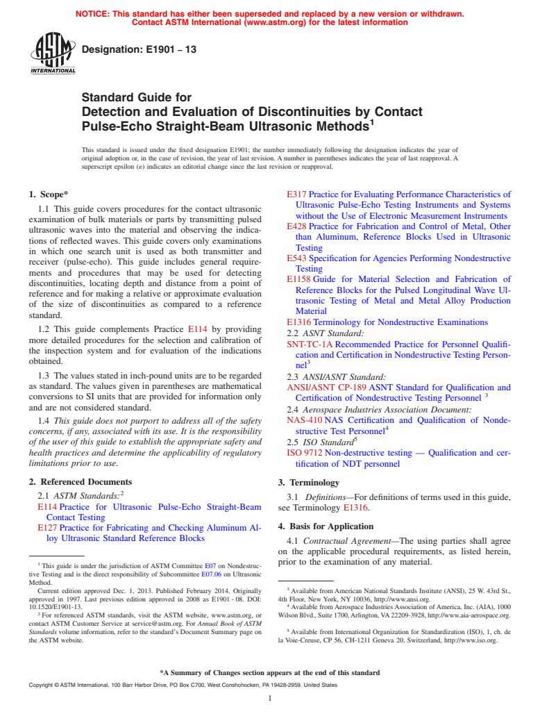 ASTM E1901-13 - Standard Guide for  Detection and Evaluation of Discontinuities by Contact Pulse-Echo  Straight-Beam Ultrasonic Methods