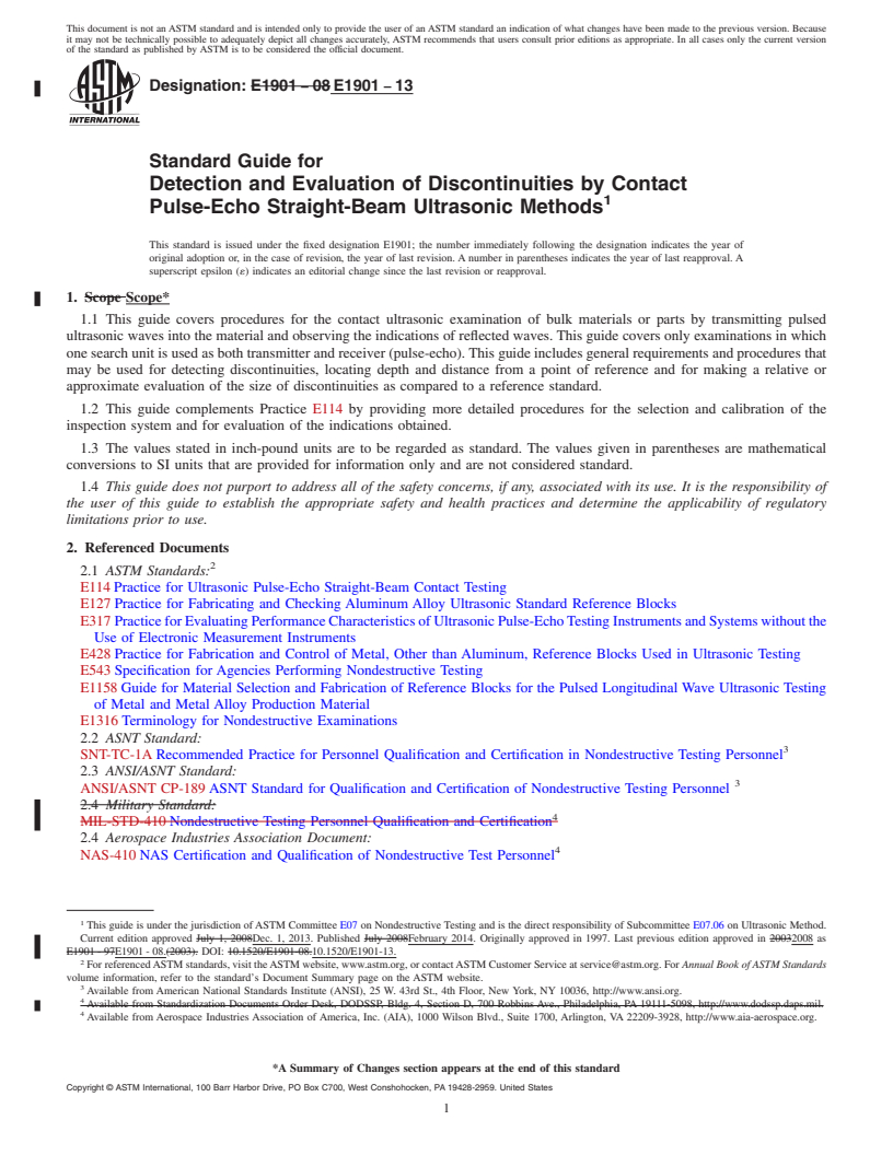 REDLINE ASTM E1901-13 - Standard Guide for  Detection and Evaluation of Discontinuities by Contact Pulse-Echo  Straight-Beam Ultrasonic Methods