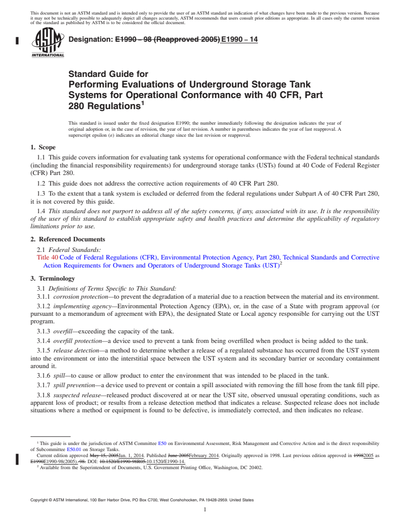 REDLINE ASTM E1990-14 - Standard Guide for  Performing Evaluations of Underground Storage Tank Systems  for Operational Conformance with 40 CFR, Part 280 Regulations