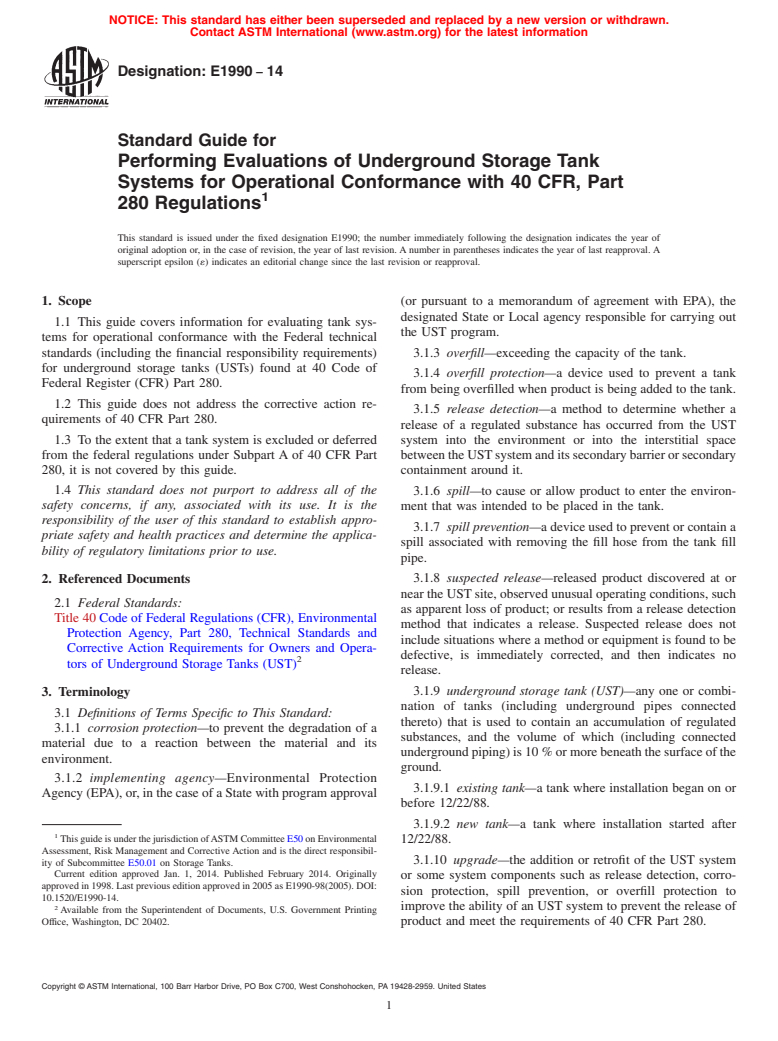 ASTM E1990-14 - Standard Guide for  Performing Evaluations of Underground Storage Tank Systems  for Operational Conformance with 40 CFR, Part 280 Regulations