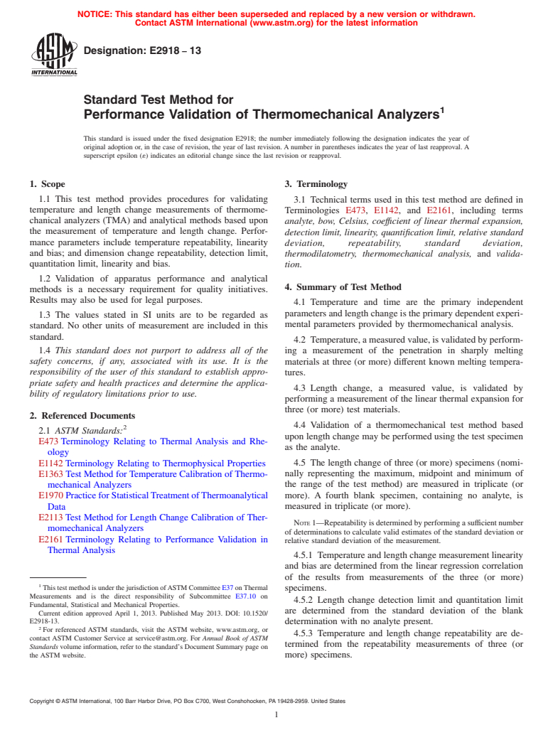 ASTM E2918-13 - Standard Test Method for Performance Validation of Thermomechanical Analyzers
