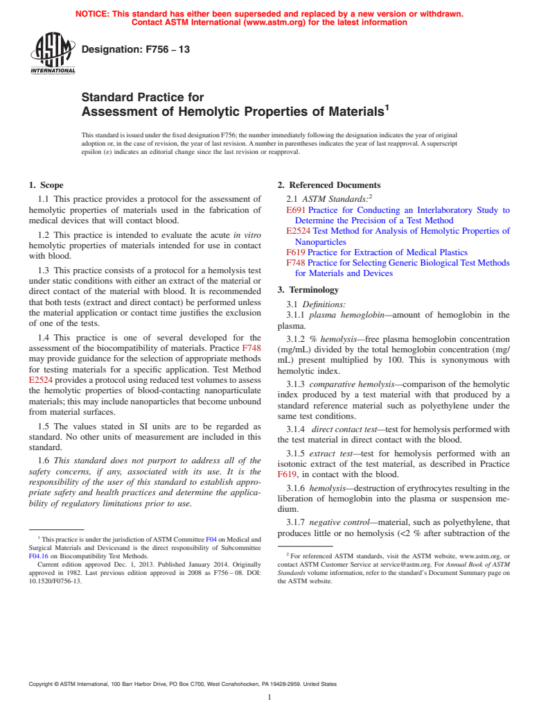 ASTM F756-13 - Standard Practice for  Assessment of Hemolytic Properties of Materials