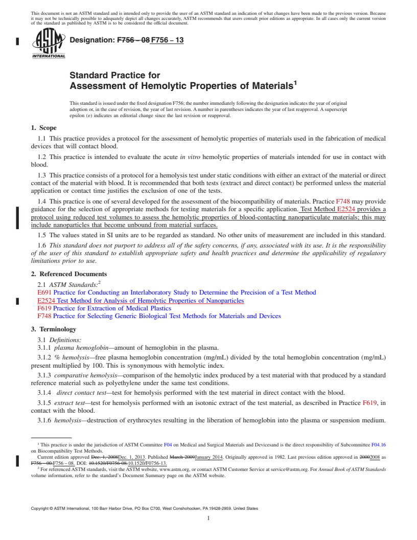 REDLINE ASTM F756-13 - Standard Practice for  Assessment of Hemolytic Properties of Materials