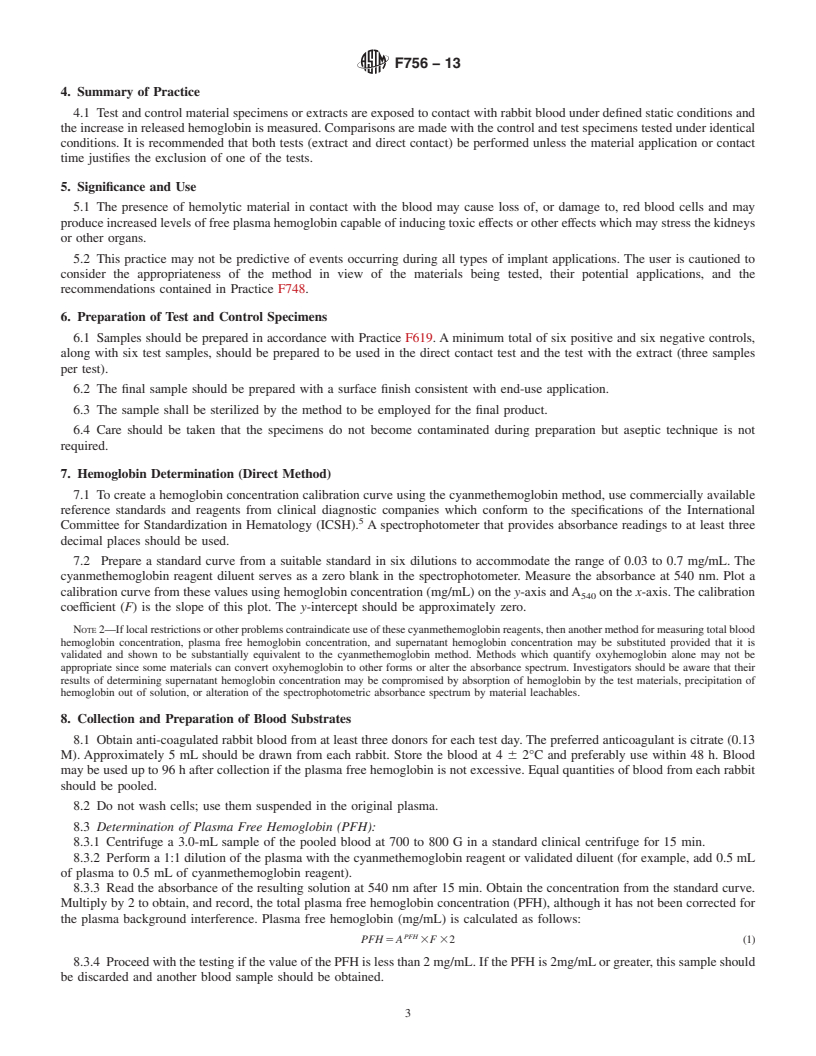 REDLINE ASTM F756-13 - Standard Practice for  Assessment of Hemolytic Properties of Materials