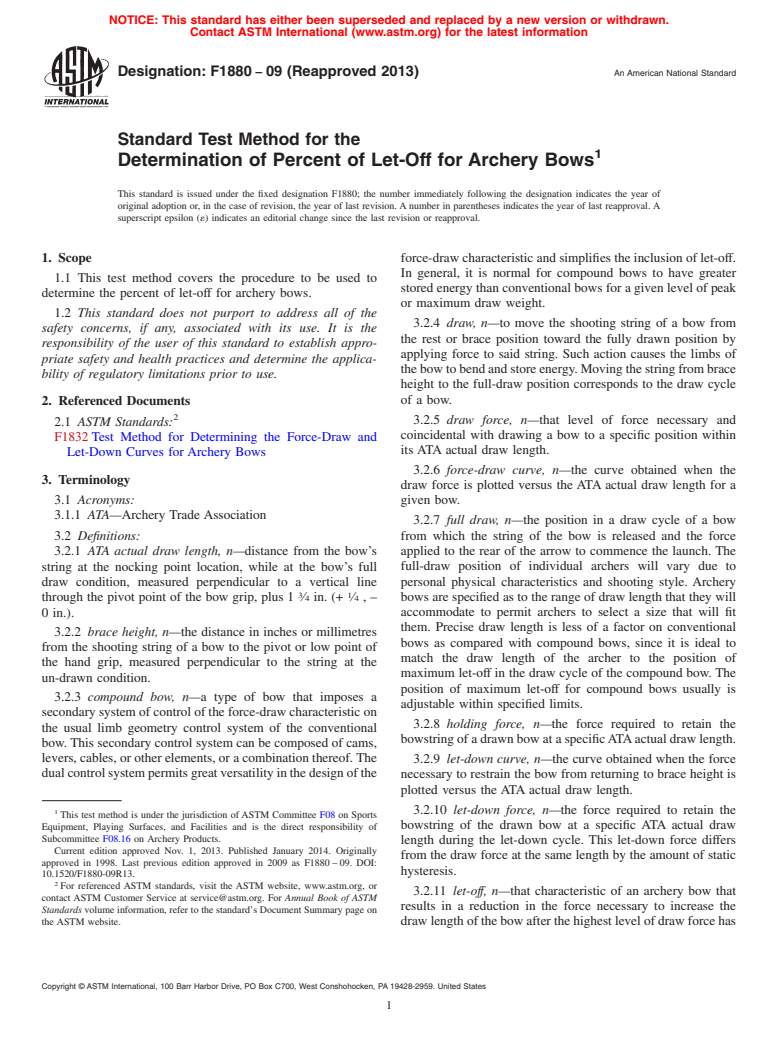 ASTM F1880-09(2013) - Standard Test Method for the  Determination of Percent of Let-Off for Archery Bows (Withdrawn 2022)