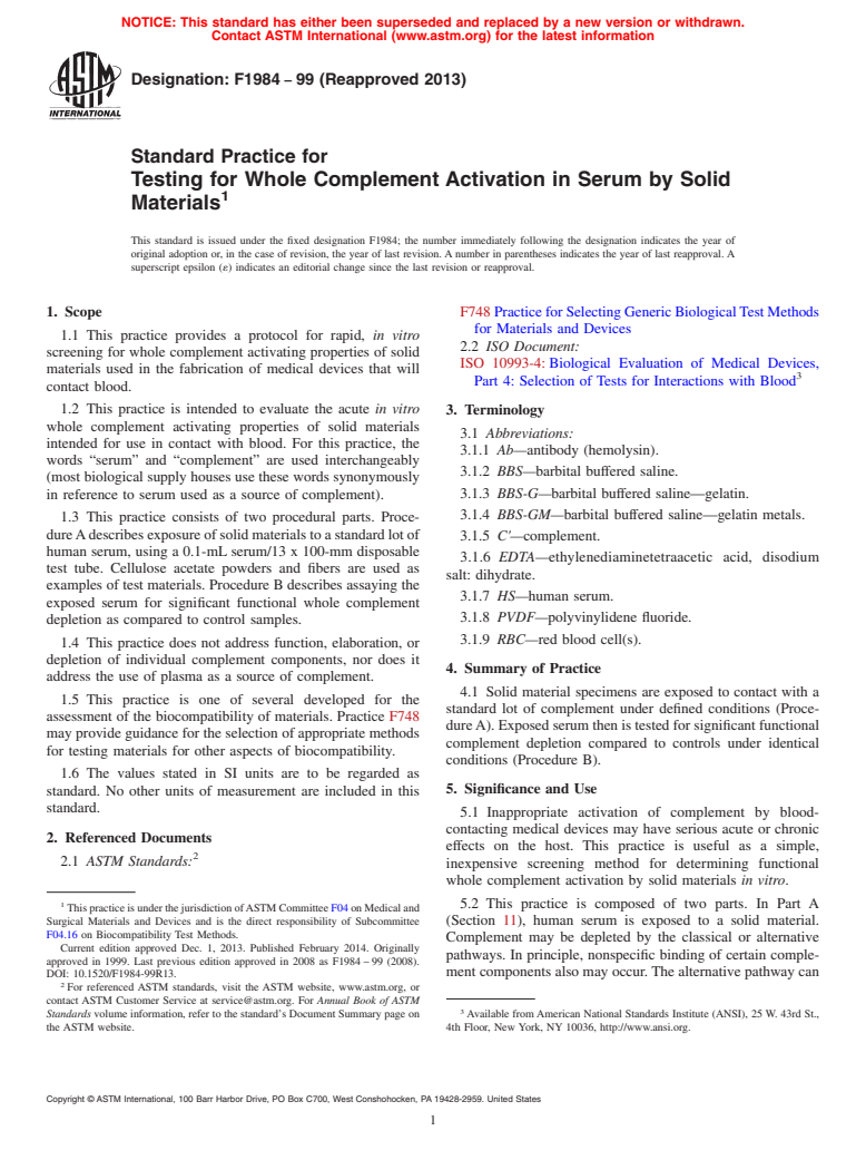 ASTM F1984-99(2013) - Standard Practice for  Testing for Whole Complement Activation in Serum by Solid Materials