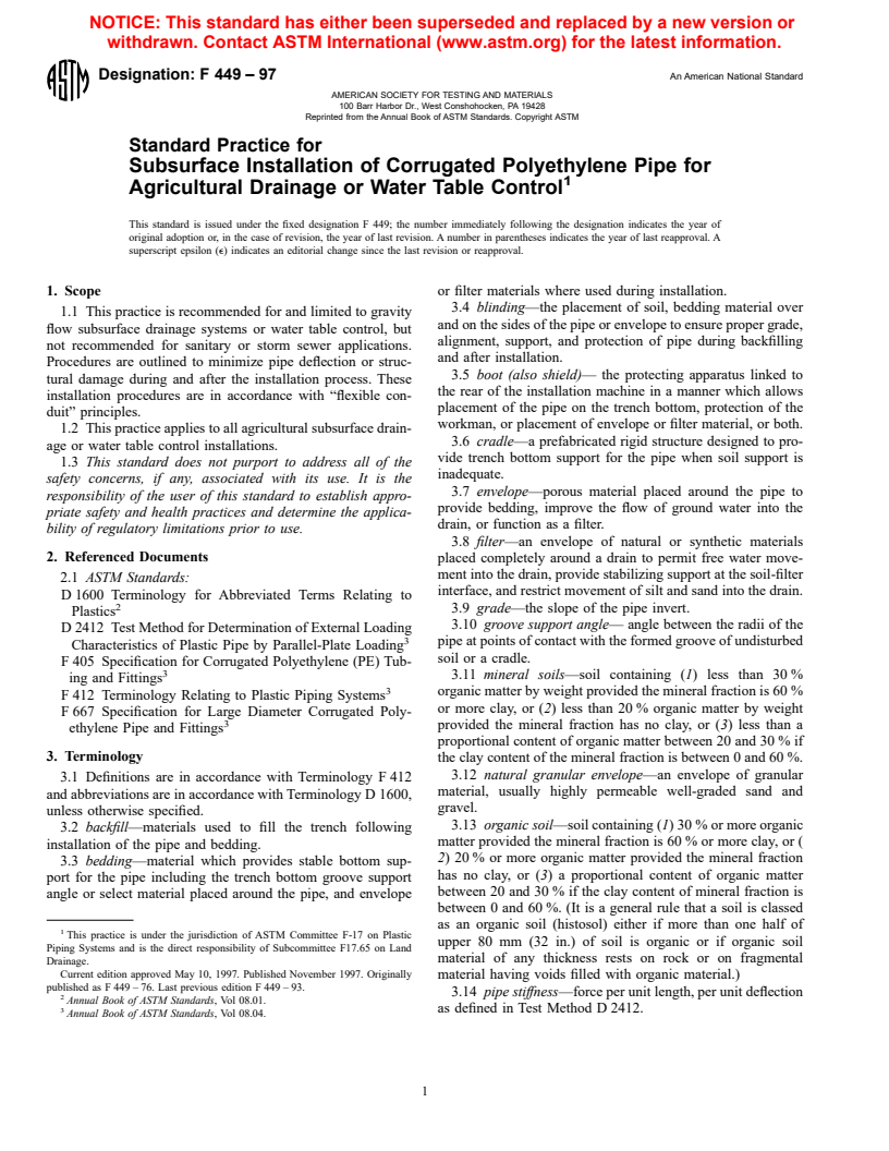 ASTM F449-97 - Standard Practice for Subsurface Installation of Corrugated Polyethylene Pipe for Agricultural Drainage or Water Table Control