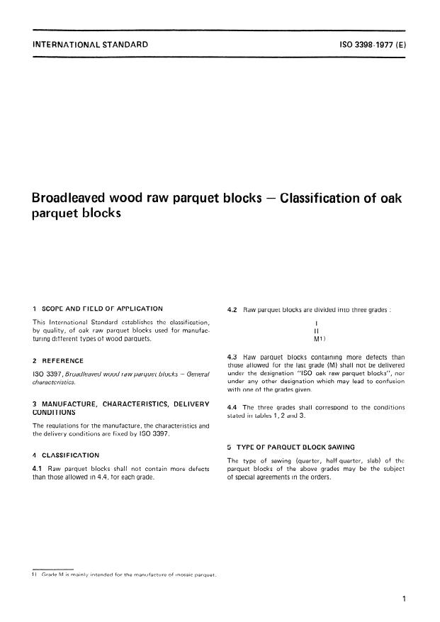 ISO 3398:1977 - Broadleaved wood raw parquet blocks -- Classification of oak parquet blocks