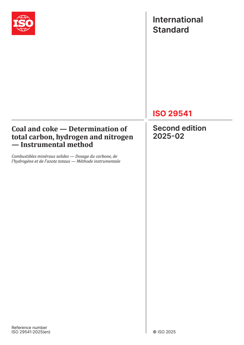 ISO 29541:2025 - Coal and coke — Determination of total carbon, hydrogen and nitrogen — Instrumental method
Released:4. 02. 2025