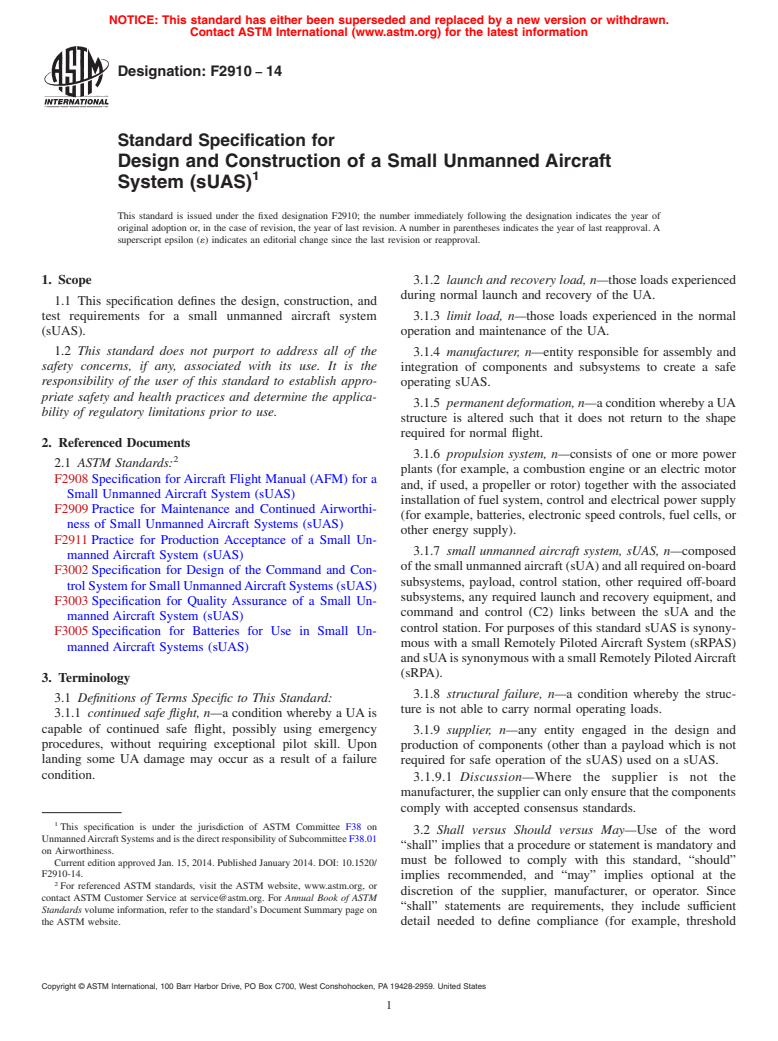 ASTM F2910-14 - Standard Specification for Design and Construction of a Small Unmanned Aircraft System  &#40;sUAS&#41;